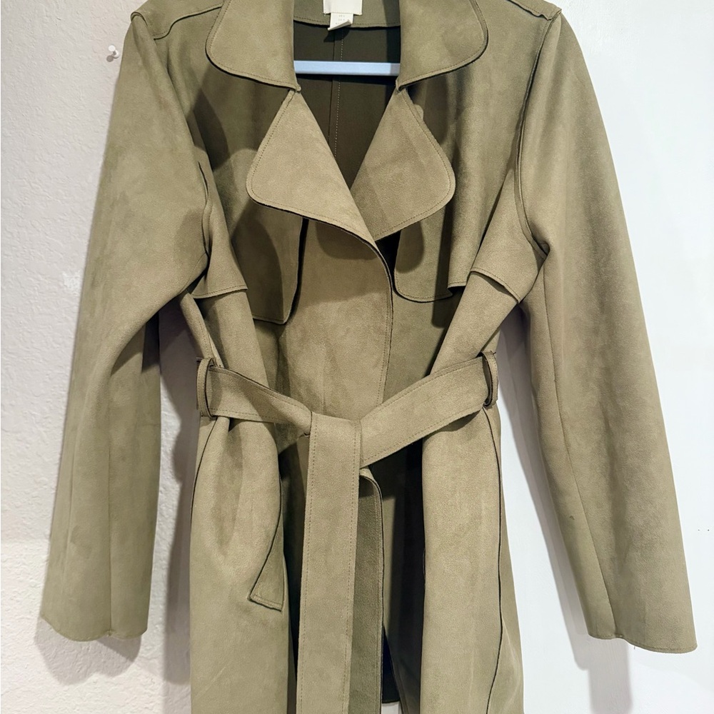 H&M Olive Green Suede-Look Trench Coat with Waist Tie
